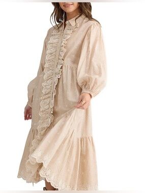 Talisman Garden Party Embroidered Eyelet Shirt Collar Long Sleeve Blouson Dress